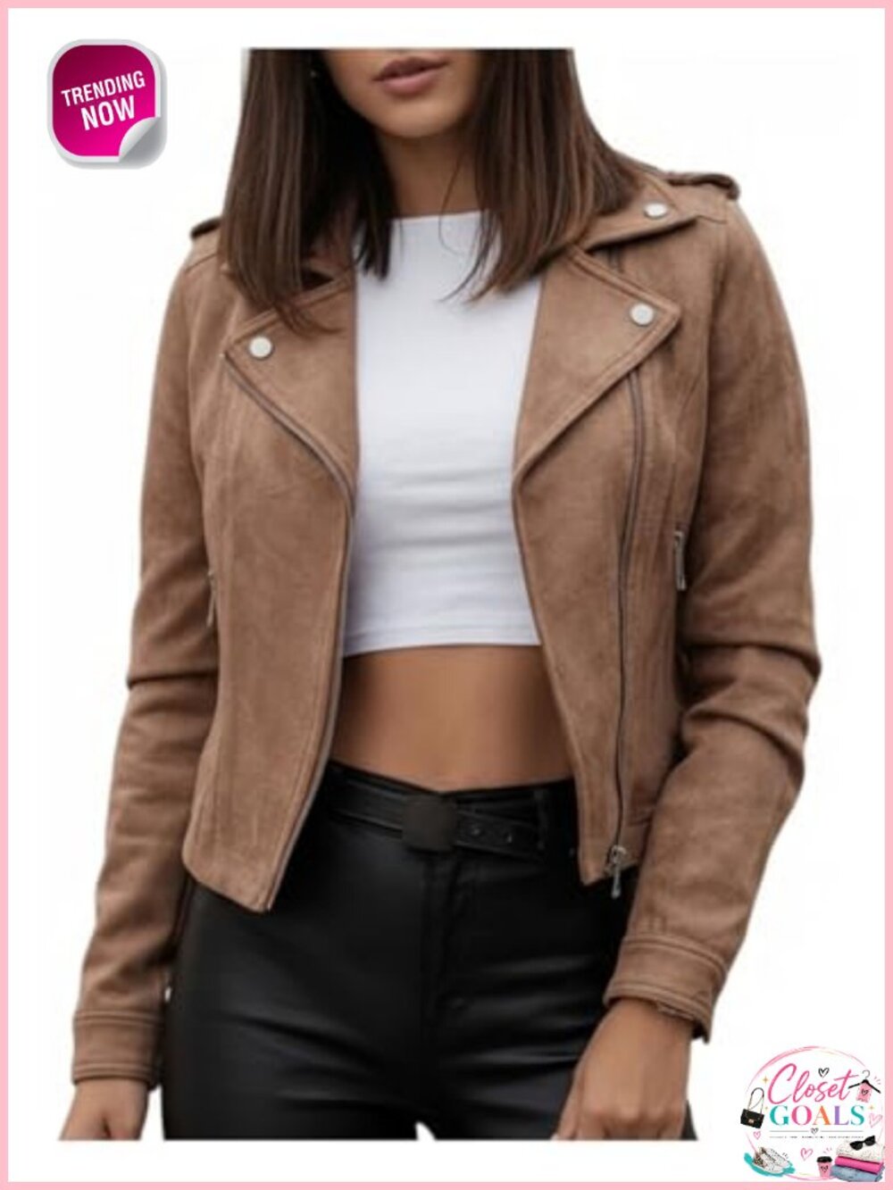 Faux Suede Motorcycle Jacket Zip Up Casual Biker Outerwear Women's
